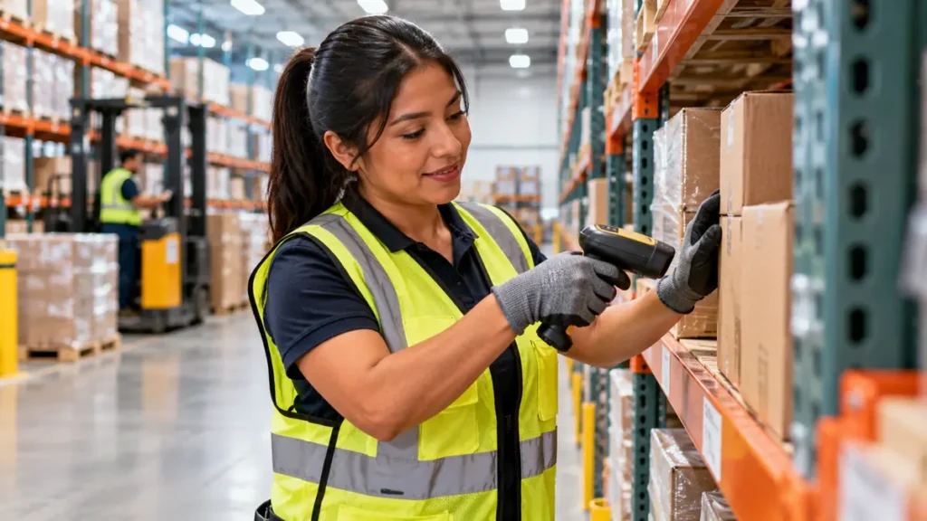 Auxiliar de almacén escaneando una caja en una estantería de un centro de distribución