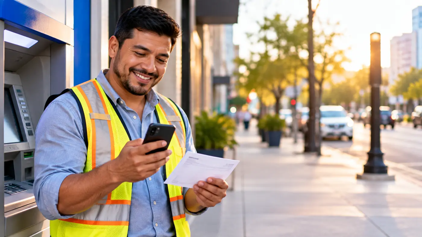 Trabajador latino sonriente mirando su celular junto a un cajero automático con un cheque de pago en la mano
