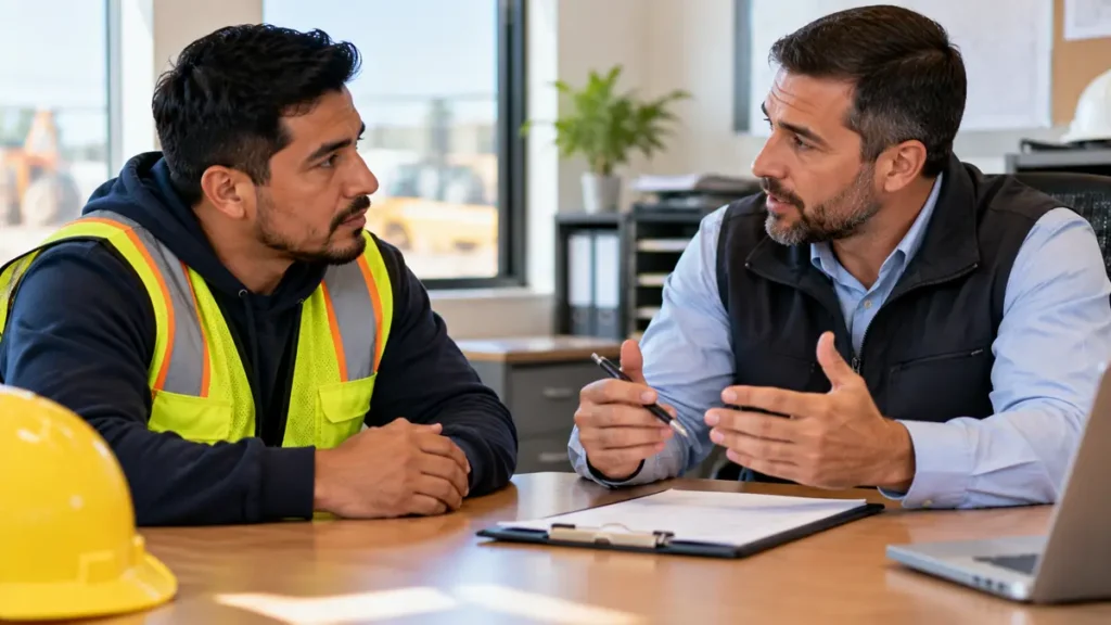 Trabajador latino conversando con un supervisor en una oficina sobre sus condiciones de trabajo