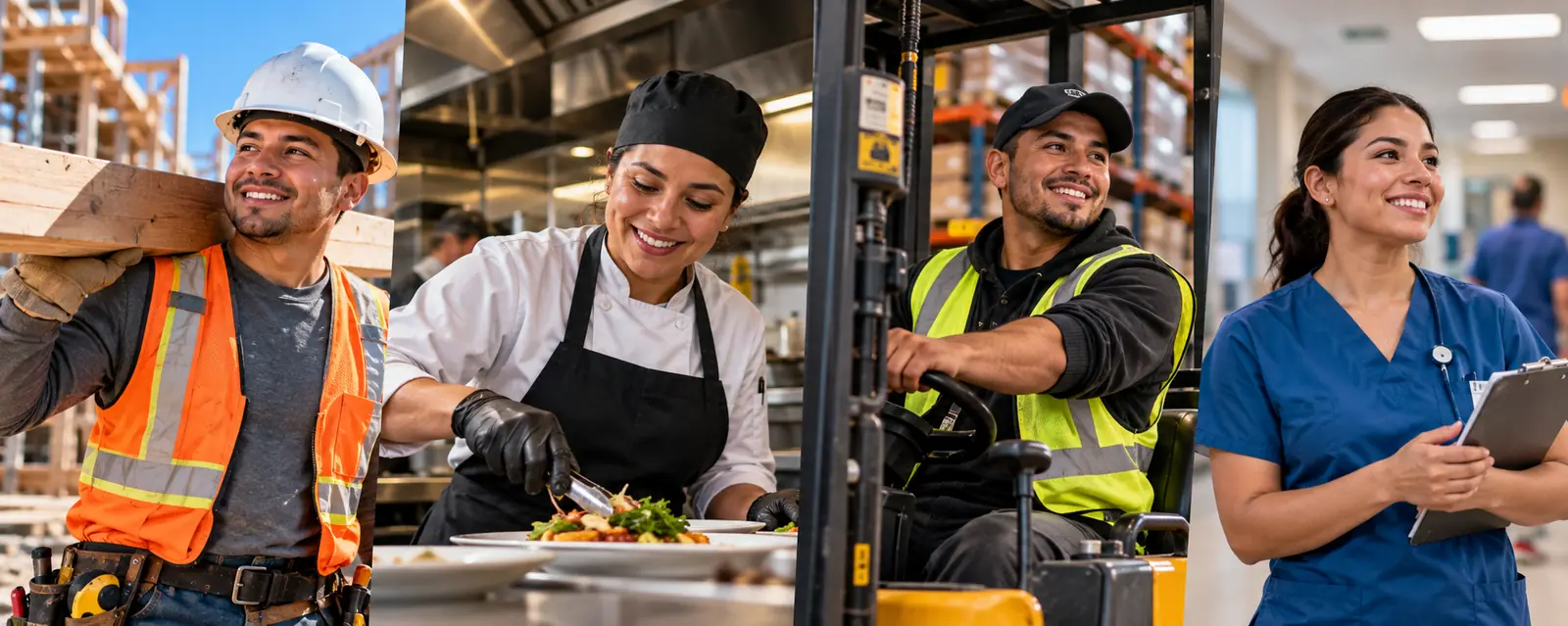 Trabajadores latinos de construcción, cocina, bodega y salud en Estados Unidos