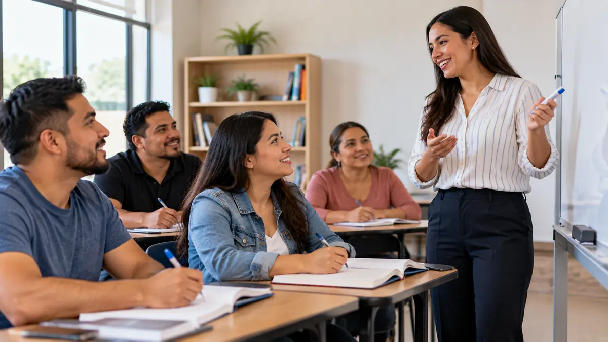 Adultos latinos aprendiendo inglés en un salón de clases con una maestra