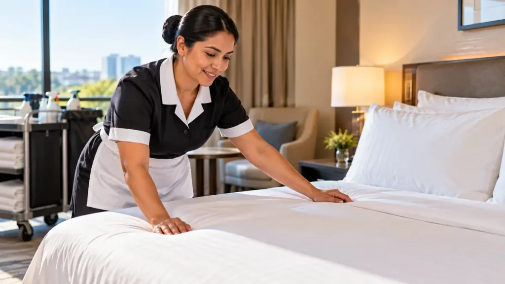Trabajadora de housekeeping arreglando una cama con sábanas blancas en una habitación de hotel