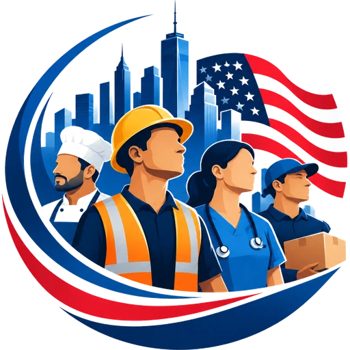 Six Empleo: trabajadores latinos frente al horizonte de Nueva York y la bandera de Estados Unidos
