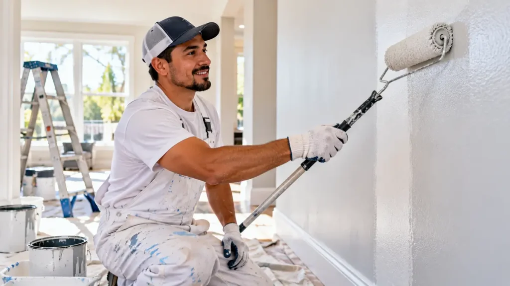 Pintor latino aplicando pintura con rodillo en la pared interior de una casa