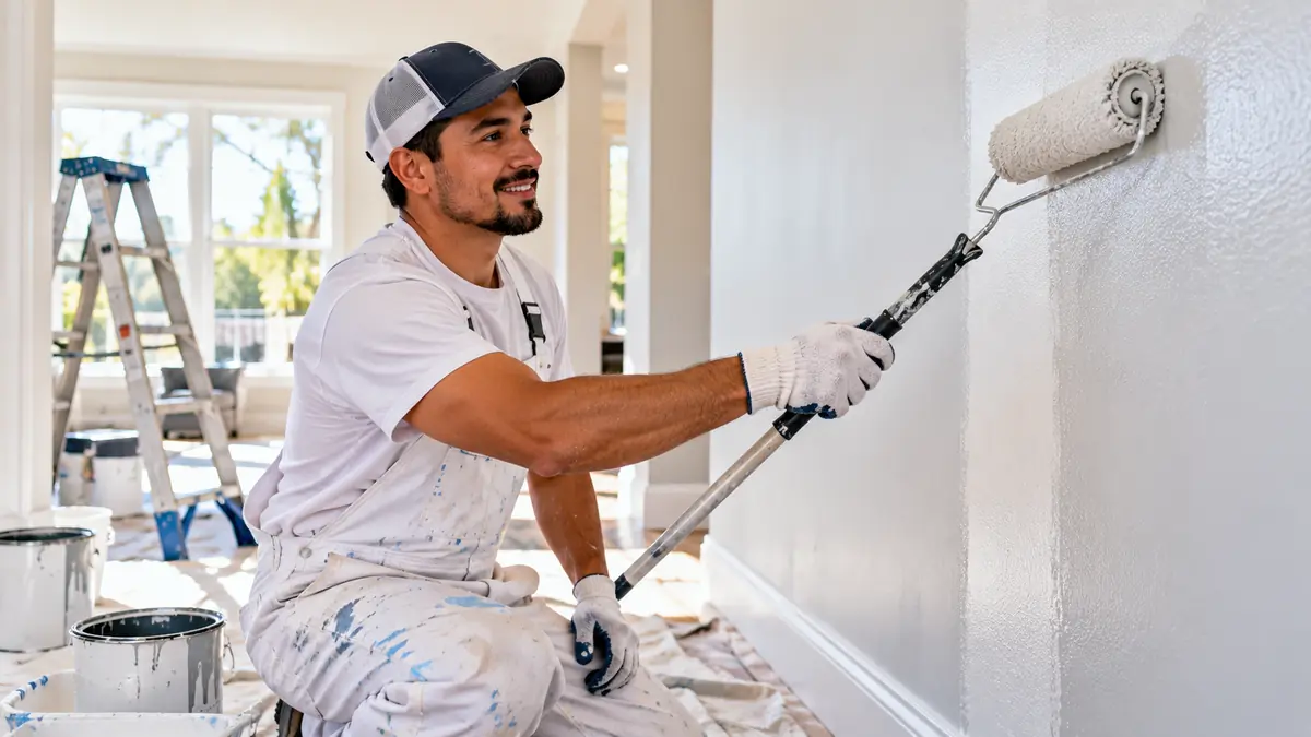 Pintor latino aplicando pintura con rodillo en la pared interior de una casa