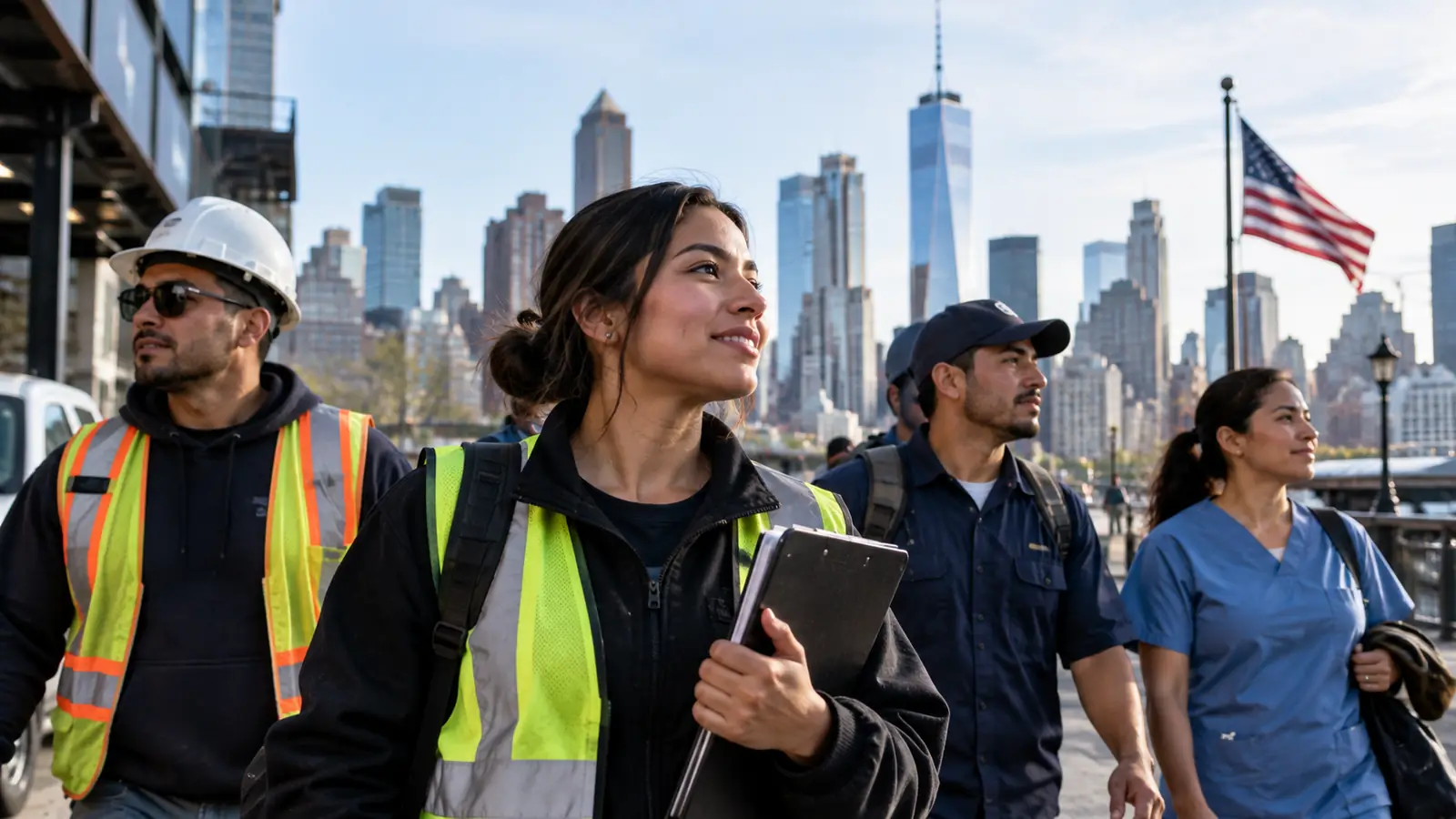 Trabajadores latinos con el horizonte de Nueva York y la bandera de Estados Unidos