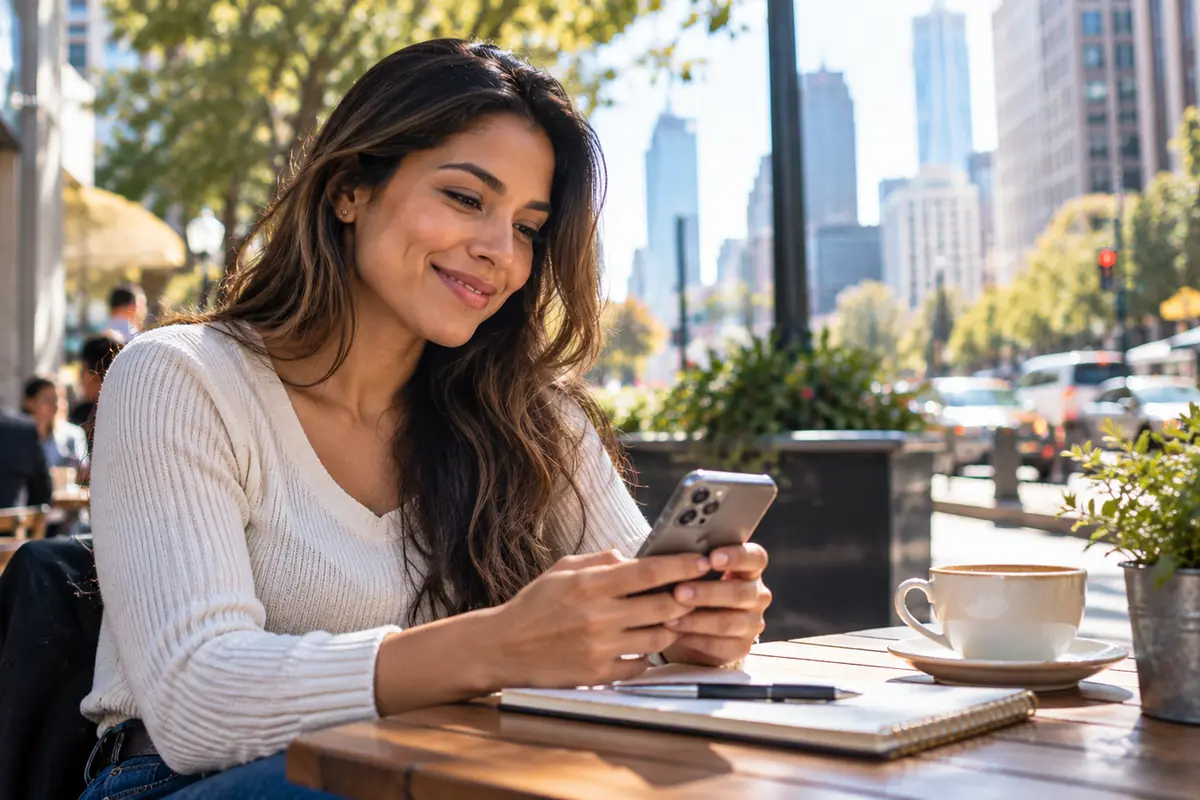 Mujer latina sonriendo mientras revisa ofertas de empleo en su celular en una cafetería de Estados Unidos