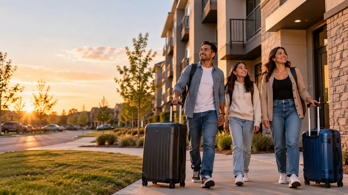 Familia latina llegando con sus maletas a un nuevo apartamento en Estados Unidos al atardecer