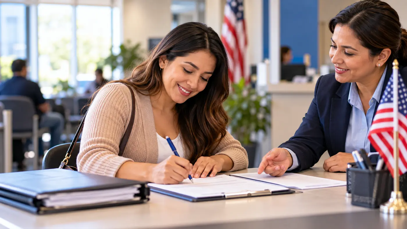 Mujer latina llenando un formulario con ayuda de una funcionaria en una oficina de atención al público en Estados Unidos